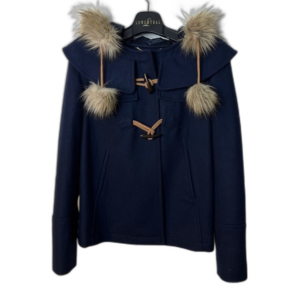Juicy Couture Pom Pom Toggle Faux Fur Trimmed Hood Jacket Navy Size S - Picture 1 of 10